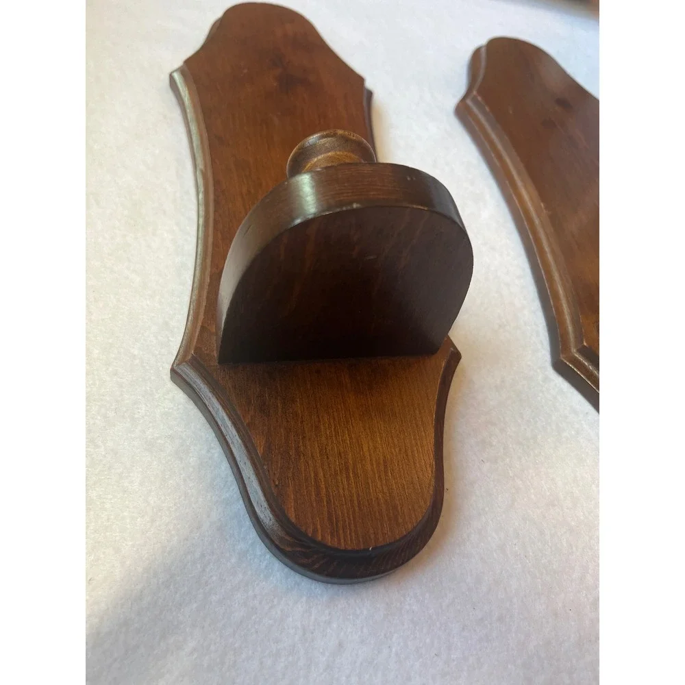 Wood Wall Sconce Pair Vintage Brown Colonial Candle Holder Set MCM Cottagecore